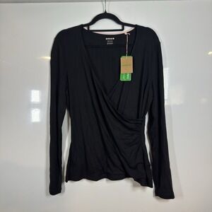 Boden Black Blouse Long Sleeve Jersey Wrap Top Size 14 NEW